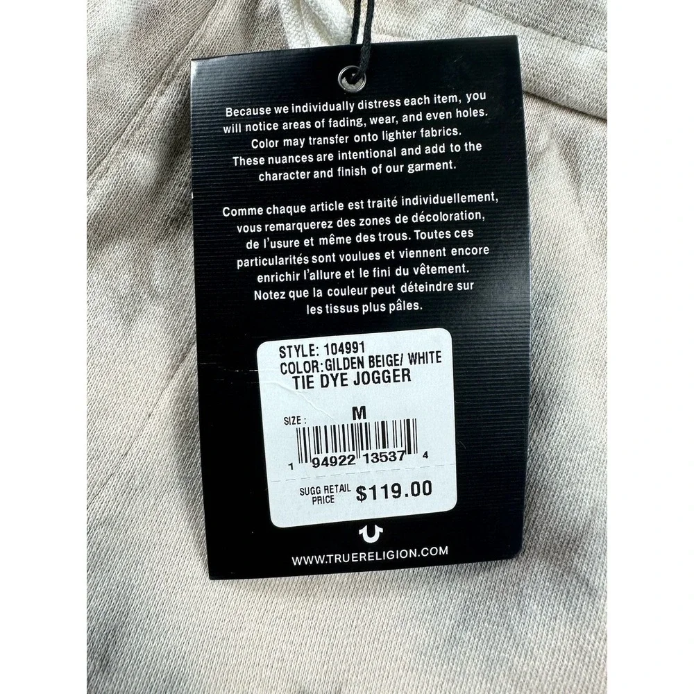 True Religion Gilden Beige White Tie Dye Mens Jogger Pants Size M 104991 NWT